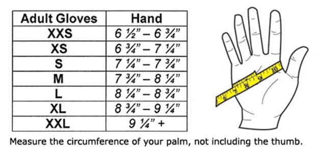 Glove sizes table