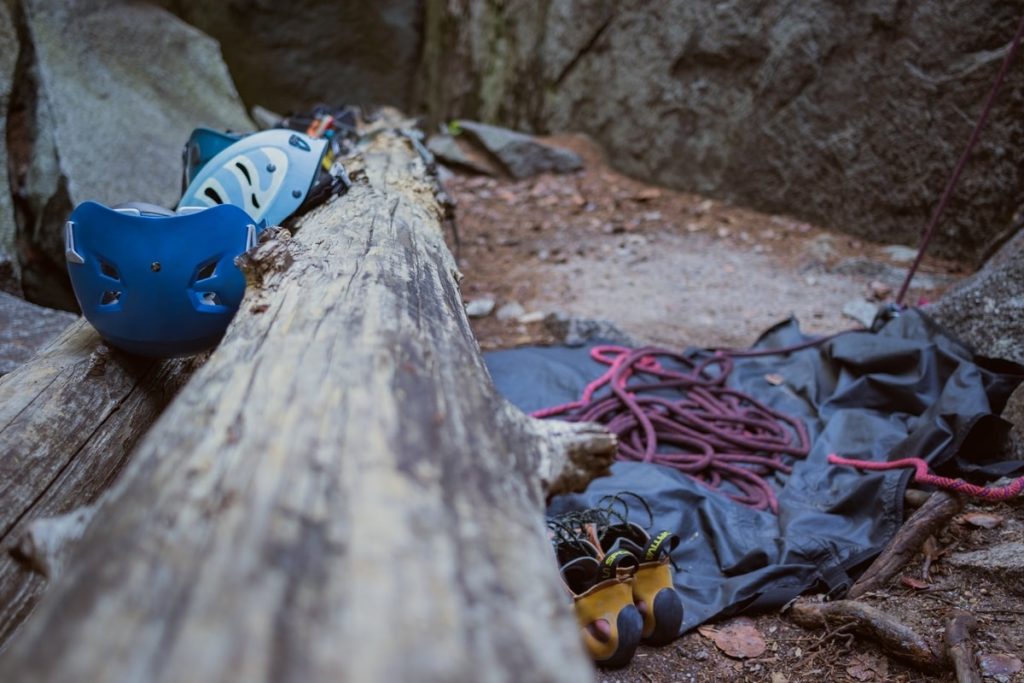 Helmets, climbing shoes and ropes